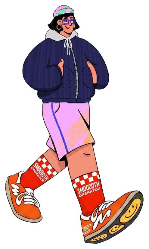Cartoon girl walking in a navy jacket, pink shorts and orange sneakers